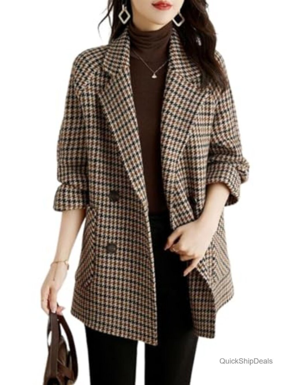 Women's Notched Lapel Pea Coat Double Breasted Houndstooth Wool Blend Overcoat